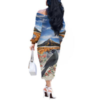 New Zealand Mount Taranaki Landscape Off The Shoulder Long Sleeve Dress Kokako Bird Polynesian Style LT05 - Polynesian Pride