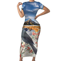 New Zealand Mount Taranaki Landscape Short Sleeve Bodycon Dress Kokako Bird Polynesian Style LT05 Long Dress Blue - Polynesian Pride