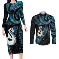 New Zealand Aotearoa Couples Matching Long Sleeve Bodycon Dress and Long Sleeve Button Shirt Maori Manaia Paua Shell Glitter Turquoise LT05 Turquoise - Polynesian Pride
