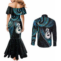 New Zealand Aotearoa Couples Matching Mermaid Dress and Long Sleeve Button Shirt Maori Manaia Paua Shell Glitter Turquoise LT05 - Polynesian Pride