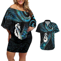 New Zealand Aotearoa Couples Matching Off Shoulder Short Dress and Hawaiian Shirt Maori Manaia Paua Shell Glitter Turquoise LT05 Turquoise - Polynesian Pride