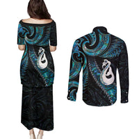 New Zealand Aotearoa Couples Matching Puletasi and Long Sleeve Button Shirt Maori Manaia Paua Shell Glitter Turquoise LT05 - Polynesian Pride