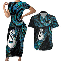 New Zealand Aotearoa Couples Matching Short Sleeve Bodycon Dress and Hawaiian Shirt Maori Manaia Paua Shell Glitter Turquoise LT05 Turquoise - Polynesian Pride