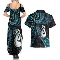 New Zealand Aotearoa Couples Matching Summer Maxi Dress and Hawaiian Shirt Maori Manaia Paua Shell Glitter Turquoise LT05 - Polynesian Pride