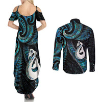 New Zealand Aotearoa Couples Matching Summer Maxi Dress and Long Sleeve Button Shirt Maori Manaia Paua Shell Glitter Turquoise LT05 - Polynesian Pride
