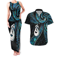 New Zealand Aotearoa Couples Matching Tank Maxi Dress and Hawaiian Shirt Maori Manaia Paua Shell Glitter Turquoise LT05 Turquoise - Polynesian Pride