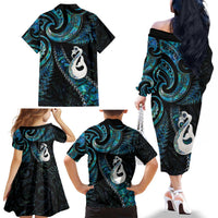 New Zealand Aotearoa Family Matching Off The Shoulder Long Sleeve Dress and Hawaiian Shirt Maori Manaia Paua Shell Glitter Turquoise LT05 - Polynesian Pride