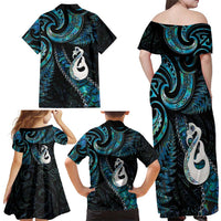 New Zealand Aotearoa Family Matching Off Shoulder Maxi Dress and Hawaiian Shirt Maori Manaia Paua Shell Glitter Turquoise LT05 - Polynesian Pride