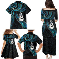 New Zealand Aotearoa Family Matching Puletasi and Hawaiian Shirt Maori Manaia Paua Shell Glitter Turquoise LT05 - Polynesian Pride