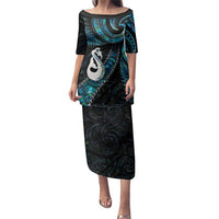 New Zealand Aotearoa Family Matching Puletasi and Hawaiian Shirt Maori Manaia Paua Shell Glitter Turquoise LT05 Mom's Dress Turquoise - Polynesian Pride