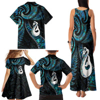 New Zealand Aotearoa Family Matching Tank Maxi Dress and Hawaiian Shirt Maori Manaia Paua Shell Glitter Turquoise LT05 - Polynesian Pride