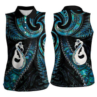 New Zealand Aotearoa Women Sleeveless Polo Shirt Maori Manaia Paua Shell Glitter Turquoise LT05 - Polynesian Pride