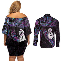 New Zealand Aotearoa Couples Matching Off Shoulder Short Dress and Long Sleeve Button Shirt Maori Manaia Paua Shell Glitter Purple LT05 - Polynesian Pride