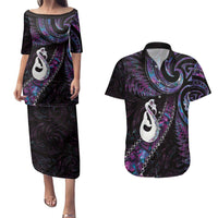 New Zealand Aotearoa Couples Matching Puletasi and Hawaiian Shirt Maori Manaia Paua Shell Glitter Purple LT05 Purple - Polynesian Pride