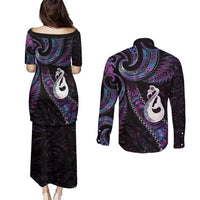 New Zealand Aotearoa Couples Matching Puletasi and Long Sleeve Button Shirt Maori Manaia Paua Shell Glitter Purple LT05 - Polynesian Pride