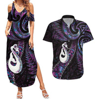 New Zealand Aotearoa Couples Matching Summer Maxi Dress and Hawaiian Shirt Maori Manaia Paua Shell Glitter Purple LT05 Purple - Polynesian Pride