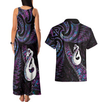 New Zealand Aotearoa Couples Matching Tank Maxi Dress and Hawaiian Shirt Maori Manaia Paua Shell Glitter Purple LT05 - Polynesian Pride