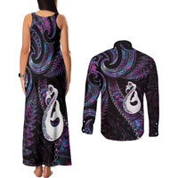 New Zealand Aotearoa Couples Matching Tank Maxi Dress and Long Sleeve Button Shirt Maori Manaia Paua Shell Glitter Purple LT05 - Polynesian Pride