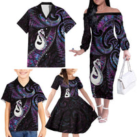 New Zealand Aotearoa Family Matching Off The Shoulder Long Sleeve Dress and Hawaiian Shirt Maori Manaia Paua Shell Glitter Purple LT05 - Polynesian Pride