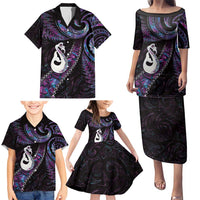 New Zealand Aotearoa Family Matching Puletasi and Hawaiian Shirt Maori Manaia Paua Shell Glitter Purple LT05 - Polynesian Pride