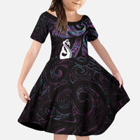 New Zealand Aotearoa Family Matching Tank Maxi Dress and Hawaiian Shirt Maori Manaia Paua Shell Glitter Purple LT05 Daughter's Dress Purple - Polynesian Pride