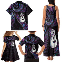 New Zealand Aotearoa Family Matching Tank Maxi Dress and Hawaiian Shirt Maori Manaia Paua Shell Glitter Purple LT05 - Polynesian Pride