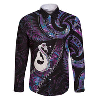 New Zealand Aotearoa Family Matching Tank Maxi Dress and Hawaiian Shirt Maori Manaia Paua Shell Glitter Purple LT05 Dad's Shirt - Long Sleeve Purple - Polynesian Pride