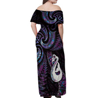 New Zealand Aotearoa Off Shoulder Maxi Dress Maori Manaia Paua Shell Glitter Purple LT05 - Polynesian Pride