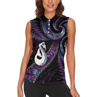 New Zealand Aotearoa Women Sleeveless Polo Shirt Maori Manaia Paua Shell Glitter Purple LT05 - Polynesian Pride