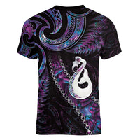 New Zealand Aotearoa Women V-Neck T-Shirt Maori Manaia Paua Shell Glitter Purple LT05 - Polynesian Pride
