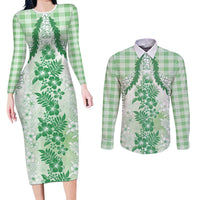 Aloha Hawaii Palaka Couples Matching Long Sleeve Bodycon Dress and Long Sleeve Button Shirt Green Plumeria Lei LT05 Green - Polynesian Pride