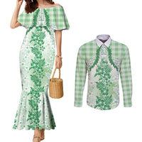 Aloha Hawaii Palaka Couples Matching Mermaid Dress and Long Sleeve Button Shirt Green Plumeria Lei LT05 Green - Polynesian Pride