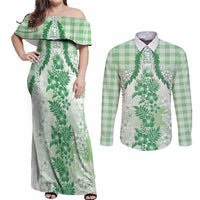 Aloha Hawaii Palaka Couples Matching Off Shoulder Maxi Dress and Long Sleeve Button Shirt Green Plumeria Lei LT05 Green - Polynesian Pride