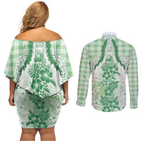 Aloha Hawaii Palaka Couples Matching Off Shoulder Short Dress and Long Sleeve Button Shirt Green Plumeria Lei LT05 - Polynesian Pride