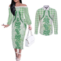 Aloha Hawaii Palaka Couples Matching Off The Shoulder Long Sleeve Dress and Long Sleeve Button Shirt Green Plumeria Lei LT05 Green - Polynesian Pride