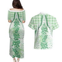 Aloha Hawaii Palaka Couples Matching Puletasi and Hawaiian Shirt Green Plumeria Lei LT05 - Polynesian Pride