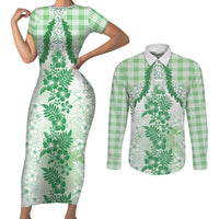 Aloha Hawaii Palaka Couples Matching Short Sleeve Bodycon Dress and Long Sleeve Button Shirt Green Plumeria Lei LT05 Green - Polynesian Pride