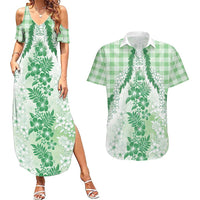 Aloha Hawaii Palaka Couples Matching Summer Maxi Dress and Hawaiian Shirt Green Plumeria Lei LT05 Green - Polynesian Pride