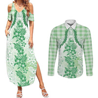 Aloha Hawaii Palaka Couples Matching Summer Maxi Dress and Long Sleeve Button Shirt Green Plumeria Lei LT05 Green - Polynesian Pride