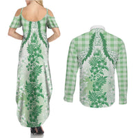 Aloha Hawaii Palaka Couples Matching Summer Maxi Dress and Long Sleeve Button Shirt Green Plumeria Lei LT05 - Polynesian Pride