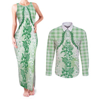 Aloha Hawaii Palaka Couples Matching Tank Maxi Dress and Long Sleeve Button Shirt Green Plumeria Lei LT05 Green - Polynesian Pride