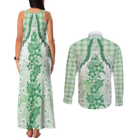 Aloha Hawaii Palaka Couples Matching Tank Maxi Dress and Long Sleeve Button Shirt Green Plumeria Lei LT05 - Polynesian Pride