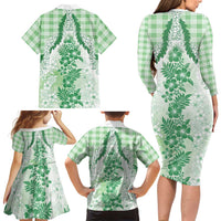 Aloha Hawaii Palaka Family Matching Long Sleeve Bodycon Dress and Hawaiian Shirt Green Plumeria Lei LT05 - Polynesian Pride