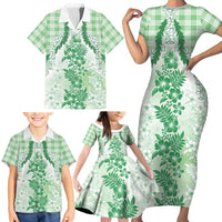 Aloha Hawaii Palaka Family Matching Short Sleeve Bodycon Dress and Hawaiian Shirt Green Plumeria Lei LT05 - Polynesian Pride