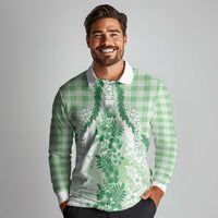 Aloha Hawaii Palaka Long Sleeve Polo Shirt Green Plumeria Lei - Polynesian Pride