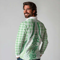 Aloha Hawaii Palaka Long Sleeve Polo Shirt Green Plumeria Lei - Polynesian Pride