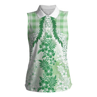 Aloha Hawaii Palaka Women Sleeveless Polo Shirt Green Plumeria Lei LT05 Female Green - Polynesian Pride