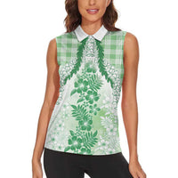 Aloha Hawaii Palaka Women Sleeveless Polo Shirt Green Plumeria Lei LT05 - Polynesian Pride