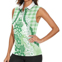 Aloha Hawaii Palaka Women Sleeveless Polo Shirt Green Plumeria Lei LT05 - Polynesian Pride