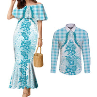 Aloha Hawaii Palaka Couples Matching Mermaid Dress and Long Sleeve Button Shirt Blue Plumeria Lei LT05 Blue - Polynesian Pride